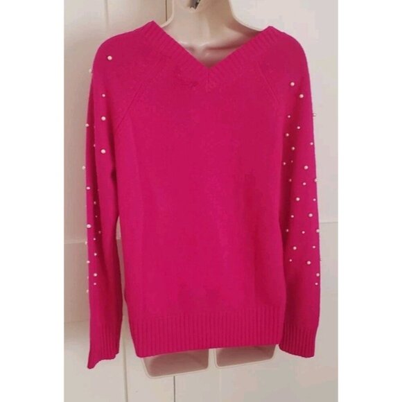 NEW CHARTER CLUB LUXURY CASHMERE FAUX-PEARL DOUBLE V-NECK SWEATER MEDIUM FUCHSIA - Picture 6 of 8